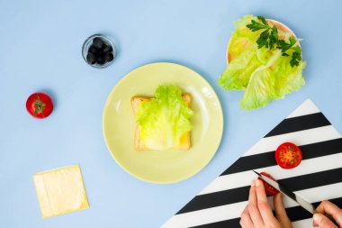 Çocuklar için eğlenceli yemek sanatı. Mavi arka planda uğur böceği sandviçi. Evde çocuklara yaratıcı kahvaltı hazırlamayı. Adım adım talimat, yukarıdan görüş. Adım 3.
