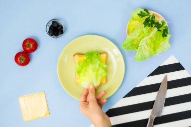 Çocuklar için eğlenceli yemek sanatı. Mavi arka planda uğur böceği sandviçi. Evde çocuklara yaratıcı kahvaltı hazırlamayı. Adım adım talimat, yukarıdan görüş. Adım 3.