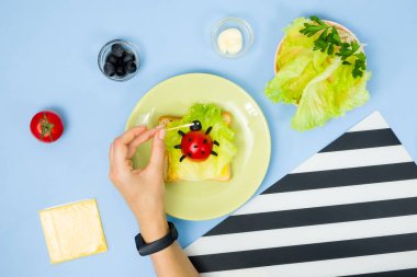 Çocuklar için eğlenceli yemek sanatı. Mavi arka planda uğur böceği sandviçi. Evde çocuklara yaratıcı kahvaltı hazırlamayı. Adım adım talimat, yukarıdan görüş. Altıncı adım.