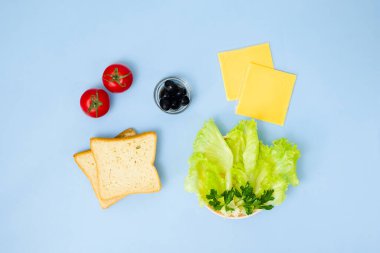 Çocuklar için eğlenceli yemek sanatı. Mavi arka planda uğur böceği sandviçi. Evde çocuklara yaratıcı kahvaltı hazırlamayı. Adım adım talimat, yukarıdan görüş. Adım 1. Yiyecek Seti.