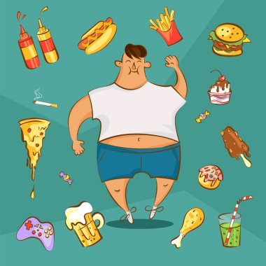 Fast food bağımlılığı kavramı. Sağlıksız beslenme anlayışı. Şişman adam ve karikatür tarzında farklı yemekler. Vektör çizimi