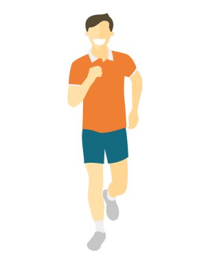 Düz tasarım çalışan adam. Çocuk koş, ön görüş. Sağlıklı yaşam tarzı için Vektör illüstrasyon, kilo kaybı, sağlık ve iyi alışkanlıkları makaleler, afiş, posterler. Yalıtılmış karakter simgesi