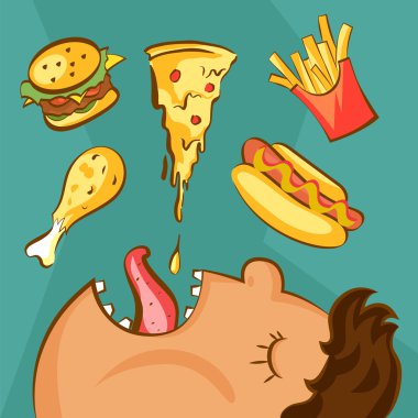 Fast food bağımlılığı kavramı. Sağlıksız beslenme anlayışı. Obez adam ve karikatür tarzında farklı yemekler. Vektör çizimi