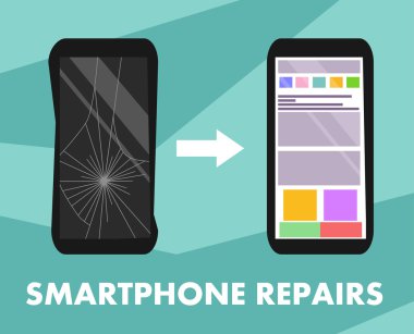 Akıllı telefon düz tasarım işareti onarıyor. Reklam afiş, afiş, işaretler, tabelalar, makaleler için gösterge işaretçiler ile kırık ve tamir telefon Vektör illüstrasyon.