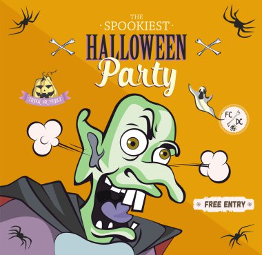 Korkuya karşı çizgi film karakteri. Cadılar Bayramı partisi, makale, kart veya broşür, davetiye veya poster için vektör illüstrasyon. Tatil tabelaları seti