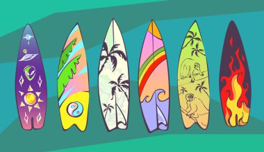 Orijinal tasarımlı çizgi roman sörf tahtaları seti. Yaz tatili tasarımı için vektör çizimleri.