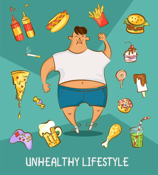 Young man in white shirt with excess weight. Comic cartoon illustration. Unhealthy nutrition article layout. Vector character with set of different fast food products. — Stock Vector