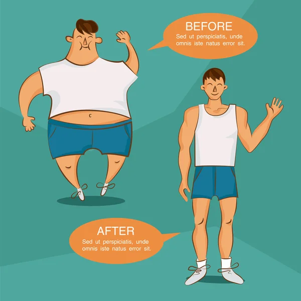 Před a po ztrátě váhy ilustrace. Nadváha a normální kreslené postavy. Vyobrazení sportu, stravy, zdraví, tuku a dalších předmětů. Vektorový 10eps rozložení — Stockový vektor