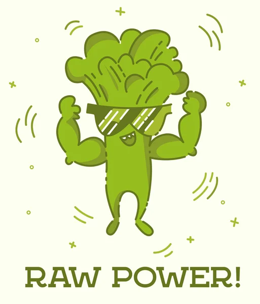 Ham güç posteri. Brokoli adamı. Sevimli kawaii karikatür kişi. Düz çizgi tasarımı. Güneş gözlüğü sağlıklı vegan gıda karakteri. Doğal ürün işareti. Vektör çizimi. — Stok Vektör