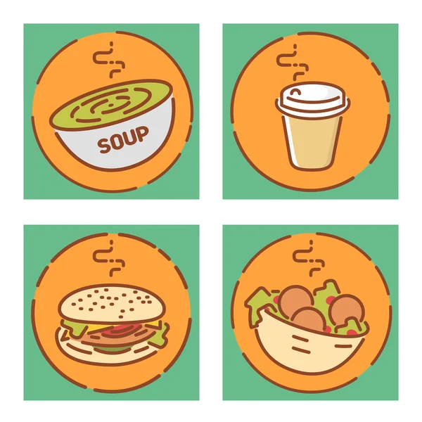 Fast food işaretleri seti, düz tasarım. Çorba, kahve, hamburger ve falafel simgeleri. Vektör çizimleri — Stok Vektör