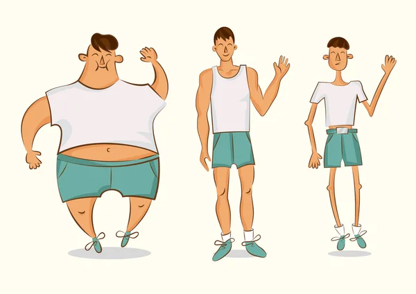 Personagem cômico vetorial em formas diferentes. Conjunto de ilustrações em estilo cartoon. Homem com excesso de peso, em forma normal e com baixo peso . —  Vetores de Stock