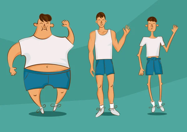 Knappe persoon in een andere vorm. Set van cartoon stijl illustraties. Man met overgewicht, in normale vorm en met ondergewicht. Vector Comic personage. — Stockvector
