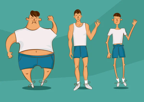 Farklı formlarda yakışıklı bir insan. Karikatür tarzı illüstrasyonlar kümesi. Aşırı kilolu, normal formda ve zayıf adam. Vektör çizgi roman karakteri.