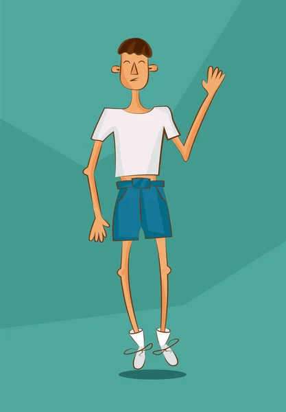 Hombre joven con camisa blanca y bajo peso. Dibujos animados cómicos ilustración. Imagen del artículo sobre nutrición poco saludable. Carácter del vector — Vector de stock