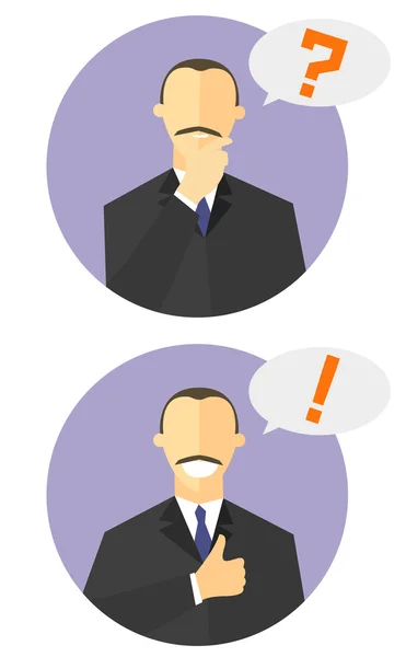 Set of flat design signs. Uncertainty and confidence emotions. Man in suit with big up symbol and exclamation mark. Advertising icons. Isolated vector illustrations for articles, advertising design. — Stock Vector