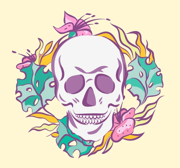 Calavera colorida en corona floral. Ilustración del vector de la vieja escuela. Colores retro — Vector de stock