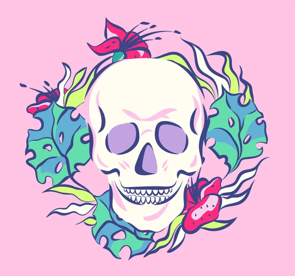 Crâne coloré en couronne florale. Illustration vectorielle Old School . — Image vectorielle