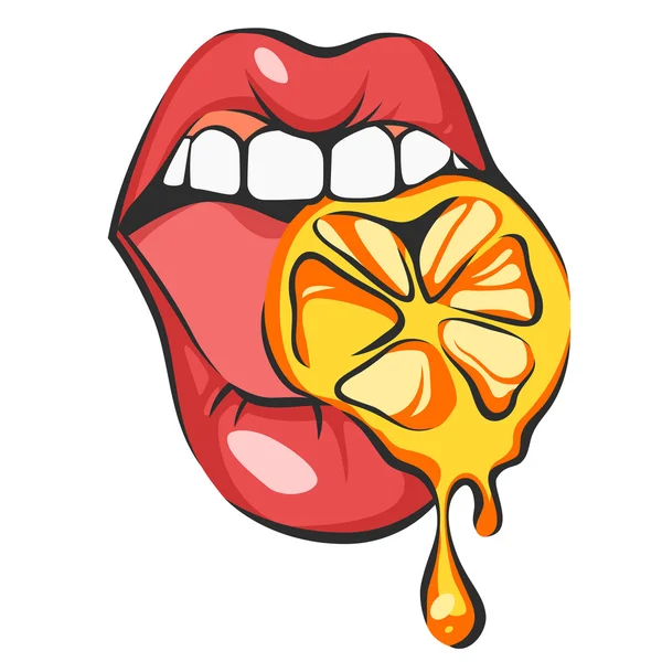 Sexy lips with juicy orange. Pop art mouth biting citrus. Close up view of cartoon girl eating fruit. Isolated vector illustration on white background. — Stock Vector