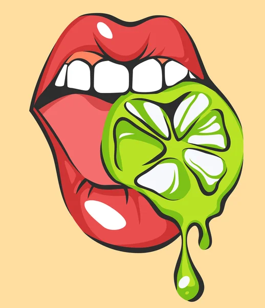 Sexy Lippen mit saftigen Limetten. Pop Art Mund beißt Zitrusfrüchte. Nahaufnahme von Cartoon-Mädchen Obst essen. Vektorillustration — Stockvektor