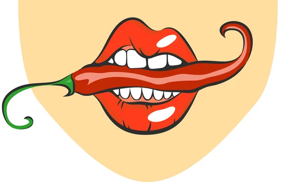 Lábios sexy com pimenta vermelha quente. Pop art boca mordendo especiarias. Vista de perto da menina dos desenhos animados comendo sabor. Ilustração vetorial —  Vetores de Stock