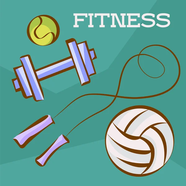 Fitness dan olahraga ditetapkan. Tenis dan bola sepak, dumbbell dan lompat tali. Ilustrasi vektor dalam gaya kartun untuk penurunan berat badan, artikel olahraga dan kebugaran, spanduk, poster - Stok Vektor
