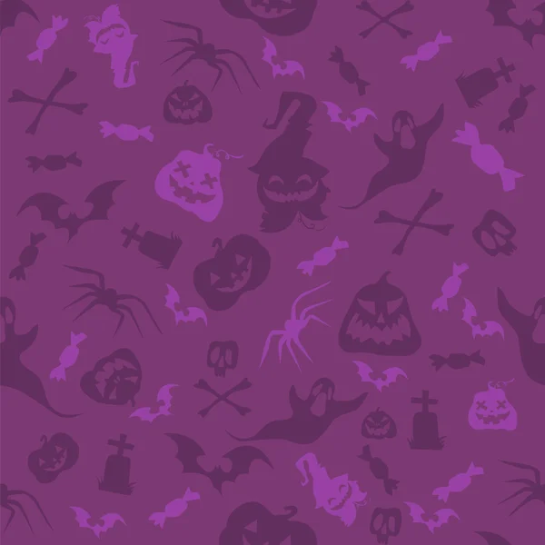 Halloween-Kürbisse, Knochen, Fledermäuse und Totenköpfe nahtlose Muster. violette Vektorillustration im Cartoon-Stil für Urlaubsposter, Banner, Broschüren, Einladungskarten, Verpackungsdesign. — Stockvektor