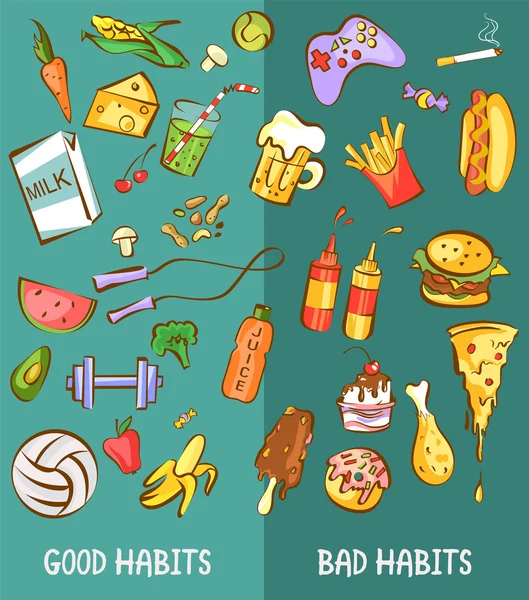 Good and bad habits. Healthy and harmful products set. Healthy lifestyle versus unhealthy. Vector illustrations for diet and nutrition, weight loss, sport and fitness articles, banners, posters — Stock Vector