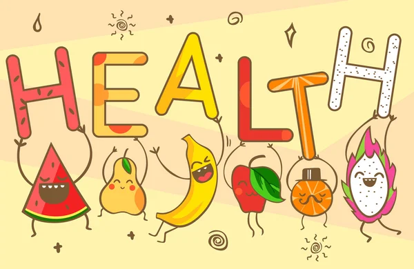 Schattig kawaii cartoon fruit dragen gezondheid belettering. Gezonde voedingsproducten: watermeloen, banaan, Mandarijn, appel, ananas, citroen, peer en drakenvrucht. Vector illustratie. — Stockvector