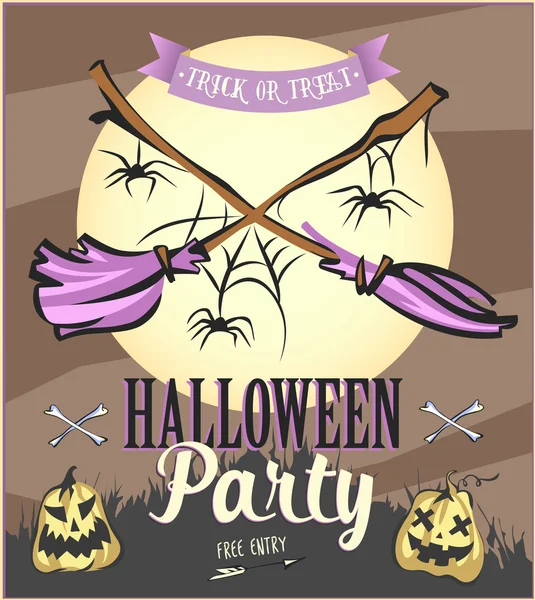 Halloween Party Poster mit Kürbissen und Mond mit Besen. Vektorillustration. — Stockvektor