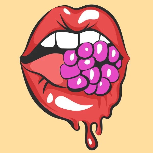 Sexy smelt lippen met sappige gum of Berry. Pop Art mond bijten snoep. Close-up van de abstracte cartoon meisje het eten van framboos. Vector illustratie — Stockvector