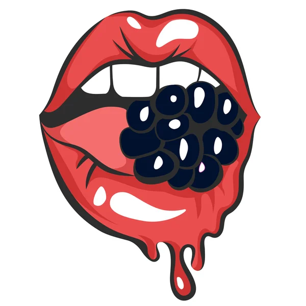 Sexy melting lips with juicy gum or berry. Pop art mouth biting candy. Close up view of abstract cartoon girl eating blackberry. Isolated vector object — Stock Vector