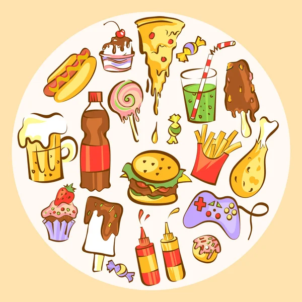 一套快餐菜肴。垃圾食品在圆形成分。用于饮食和营养、减肥、健康和不良习惯的文章、横幅、海报的矢量插图 — 图库矢量图片