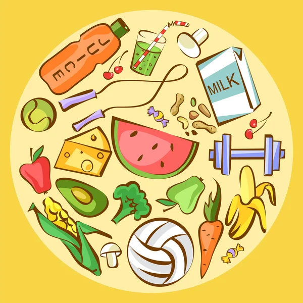 Conjunto de platos saludables. Comida orgánica en composición circular. Ilustración vectorial para dieta y nutrición, pérdida de peso, salud y buenos hábitos artículos, pancartas, carteles — Vector de stock