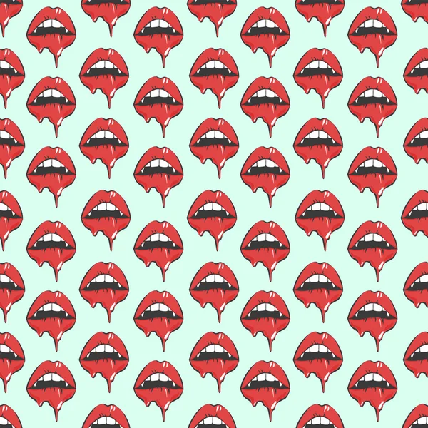 Patrón inconsútil de labios de vampiro. Ilustración del vector del arte pop para Halloween, embalaje, tela, impresión de la ropa — Archivo Imágenes Vectoriales