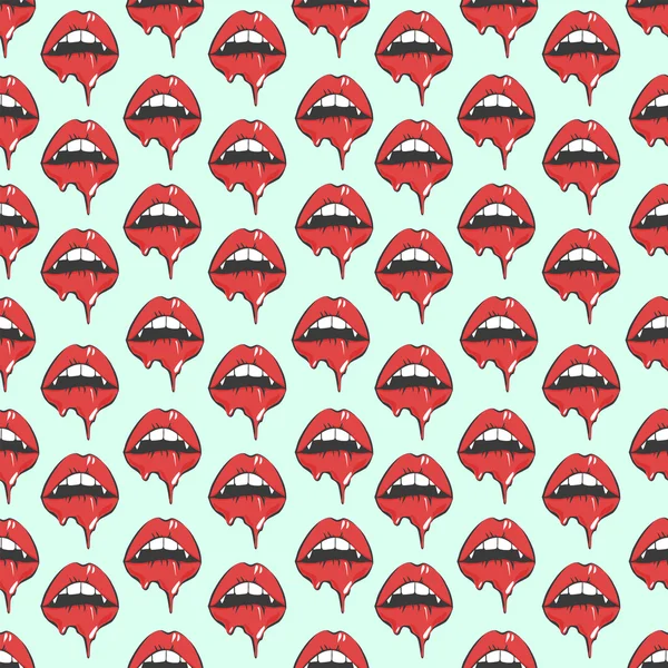 Vampir dudakları dikişsiz desen. Cadılar Bayramı için Pop art vektör illüstrasyon, ambalaj, kumaş, giysi baskı