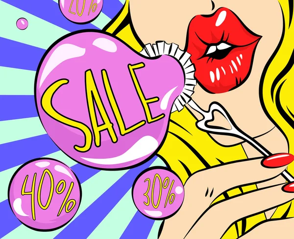 Banner de venta de arte pop. Chica haciendo burbujas de jabón. Ilustración de estilo retro vectorial. Mujer rubia con labios rojos . — Vector de stock