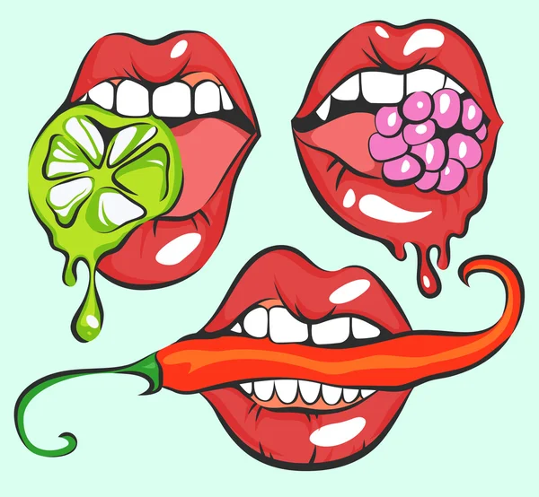 Conjunto de vetores de lábios pop art sexy com pimenta, cereja e limão —  Vetores de Stock