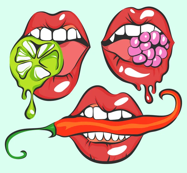 Vektör Seti Pop Art Biber, Berry ve Kireç ile Seksi Dudaklar
