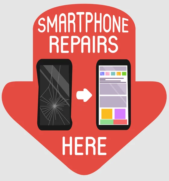 Smartphone repairs flat design sign. Vector illustration of broken and repaired phone with indicative pointers for advertising banners, posters, signs, signboards, articles.