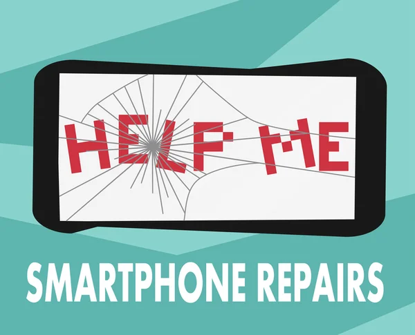 Smartphone riparazioni piatto segno di design. Illustrazione vettoriale del telefono rotto con scritte "help me" per banner pubblicitari, manifesti, insegne, cartelli, articoli . — Vettoriale Stock