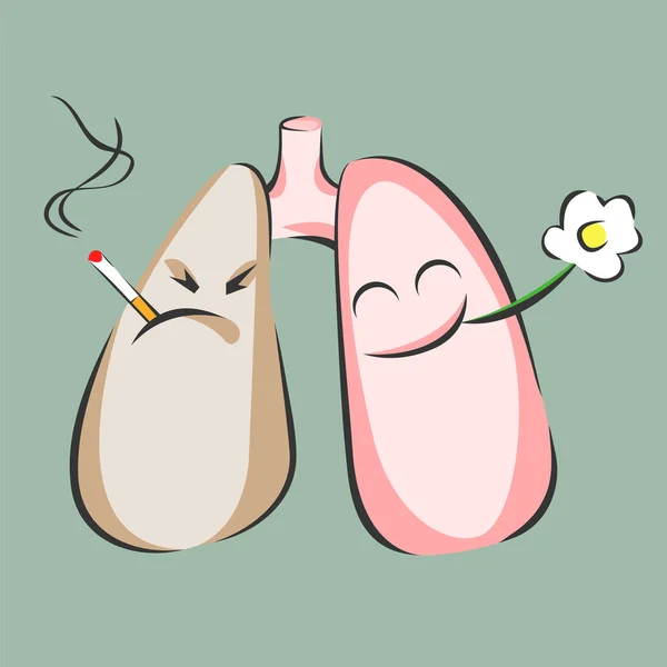 Fumar y pulmones sanos. Peligro de humo. Personajes positivos y negativos. Ilustración vectorial — Vector de stock