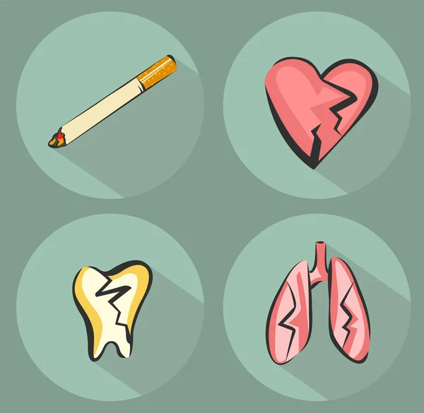 Palenie ikony szkody i ikona papierosów. Cierpienie serca, płuc i zębów. Ilustracje wektorowe ustawione w stylu retro — Wektor stockowy