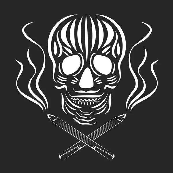 Cráneo con cigarrillos cruzados y humo. Concepto de daño por fumar. Ilustración vectorial Día de Muertos. Esbozo de tatuaje retro blanco y negro — Vector de stock