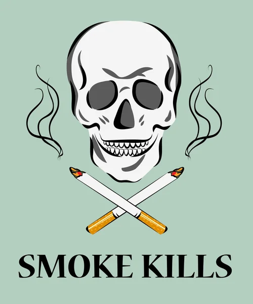 Smoke uccide poster. Concetto di danno da fumo. Teschio con sigarette incrociate e fumo. Illustrazione vettoriale . — Vettoriale Stock