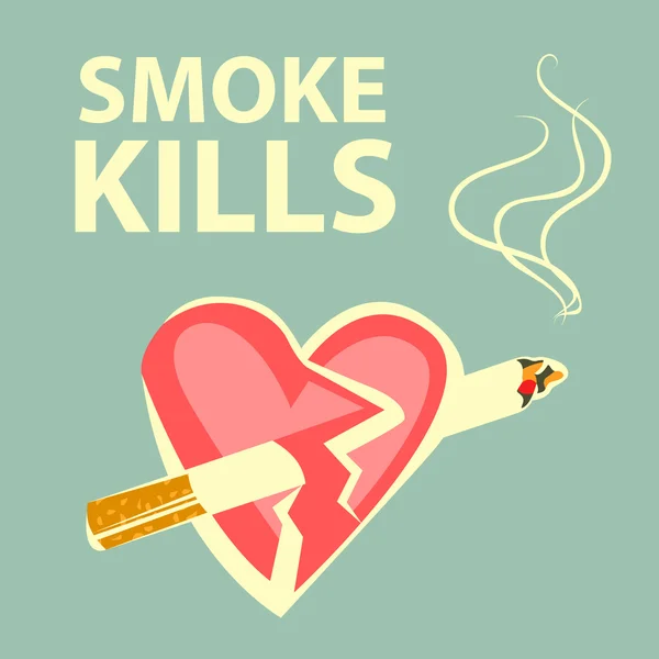 Smoke kills poster. Smoking harm concept. Cigarette pierces heart. Retro cartoon style. White contours. Vector illustration. — Stock Vector