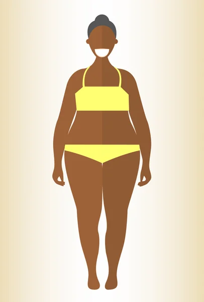 黑人肥胖妇女平面样式插图。非洲女孩在黄色内衣与超重。矢量卡通人物. — 图库矢量图片