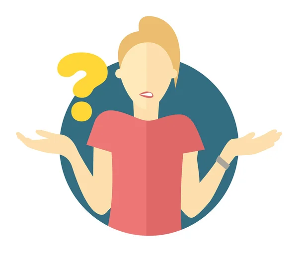 Vector blonde woman with a question mark. Girl doubts. "I don't know" expression — Stock Vector