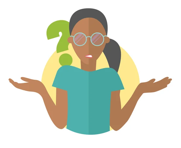 Flat design icon. Pretty black girl in glasses doubts. Woman with a question mark. Simply editable isolated vector illustration — Stock Vector
