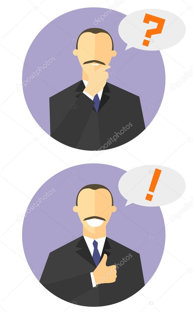 Set of flat design signs. Uncertainty and confidence emotions. Man in suit with big up symbol and exclamation mark. Advertising icons. Isolated vector illustrations for articles, advertising design.