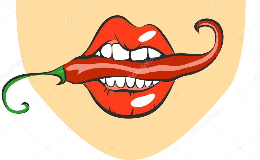 Sexy lips with red hot chili pepper. Pop art mouth biting spice. Close up view of cartoon girl eating flavouring. Vector illustration
